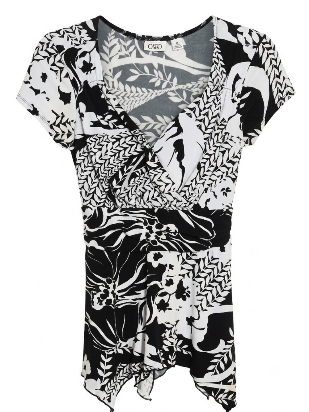 Cato M Medium Black & White Floral Wrap-Front Handkerchief Hem Top